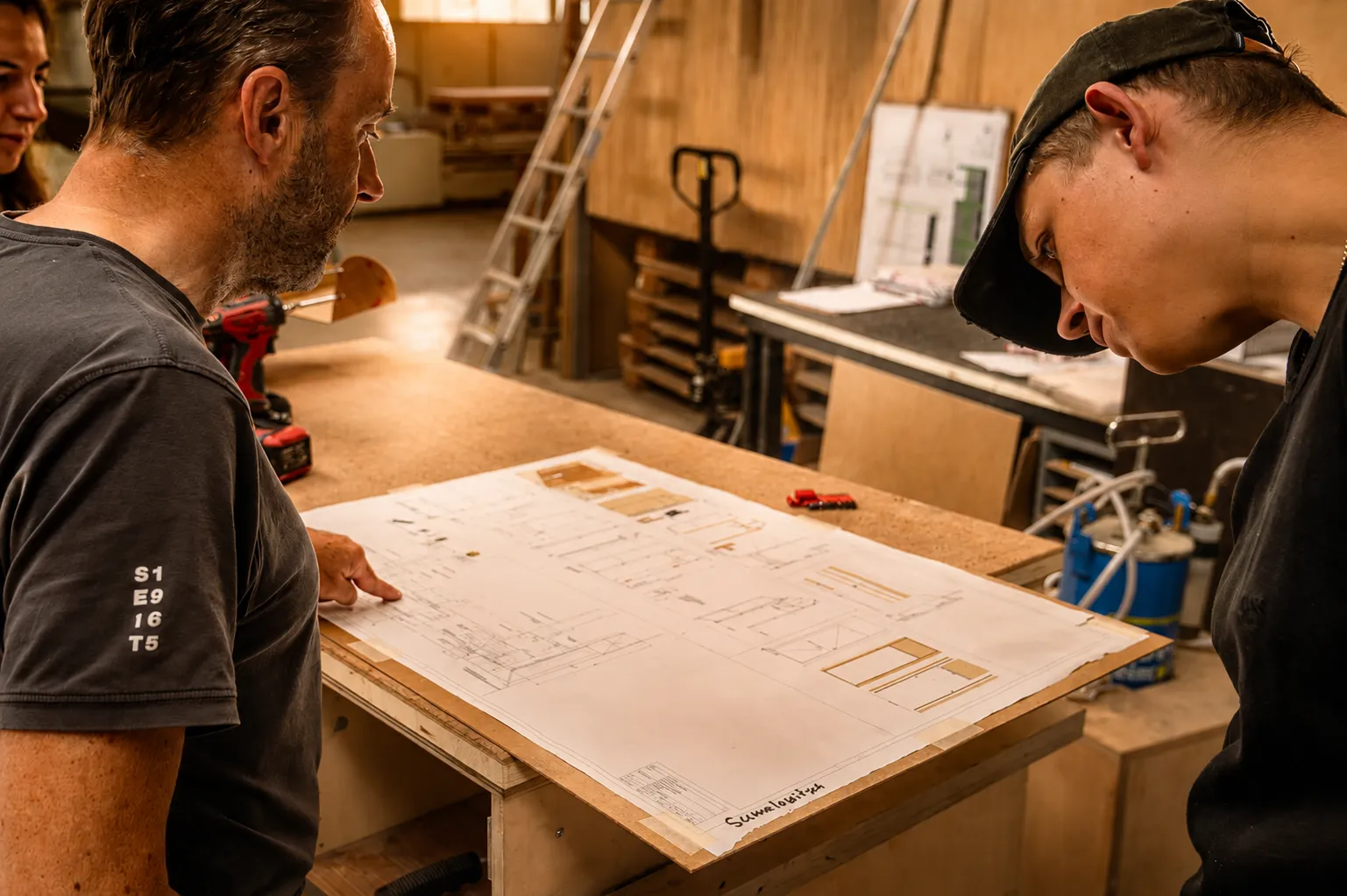 Team bespricht technische Pläne für ein Ladenbauprojekt